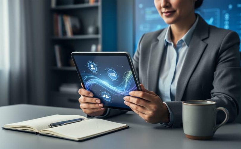 A learning and development professional reviewing training materials at a desk, holding a tablet with abstract learning visuals while taking notes, representing reflective practice in eLearning.