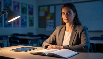 A new teacher quietly reviews an open notebook at a classroom desk under warm light, with a tablet nearby in a softly blurred classroom background.
