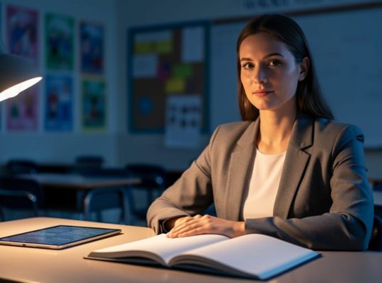 A new teacher quietly reviews an open notebook at a classroom desk under warm light, with a tablet nearby in a softly blurred classroom background.