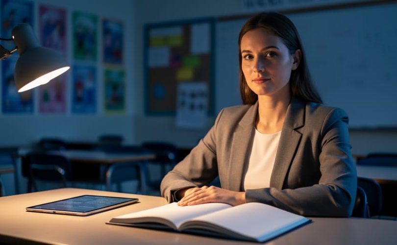 A new teacher quietly reviews an open notebook at a classroom desk under warm light, with a tablet nearby in a softly blurred classroom background.