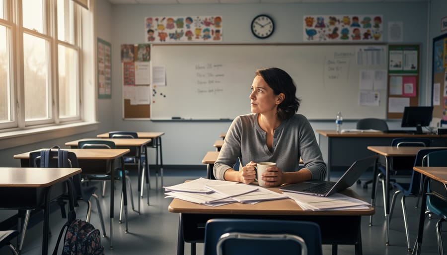 A teacher standing in a dim classroom doorway at dusk looking toward an empty whiteboard.