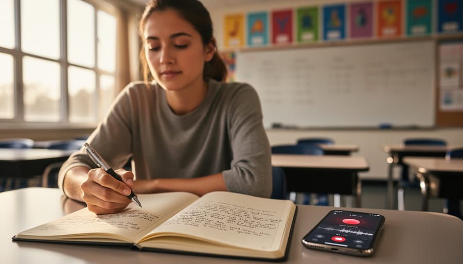A teacher writing reflective notes in a notebook at a desk with a laptop nearby.