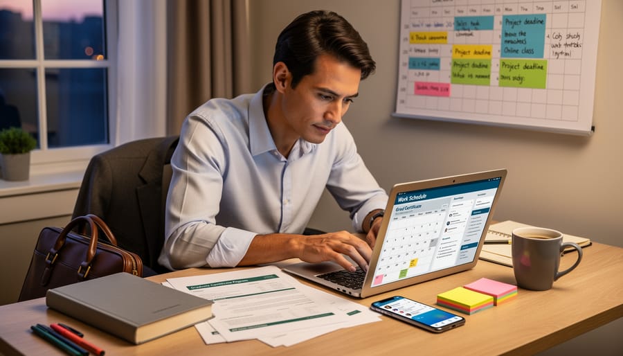 Working professional reviewing project documents at a desk with a laptop and notes nearby