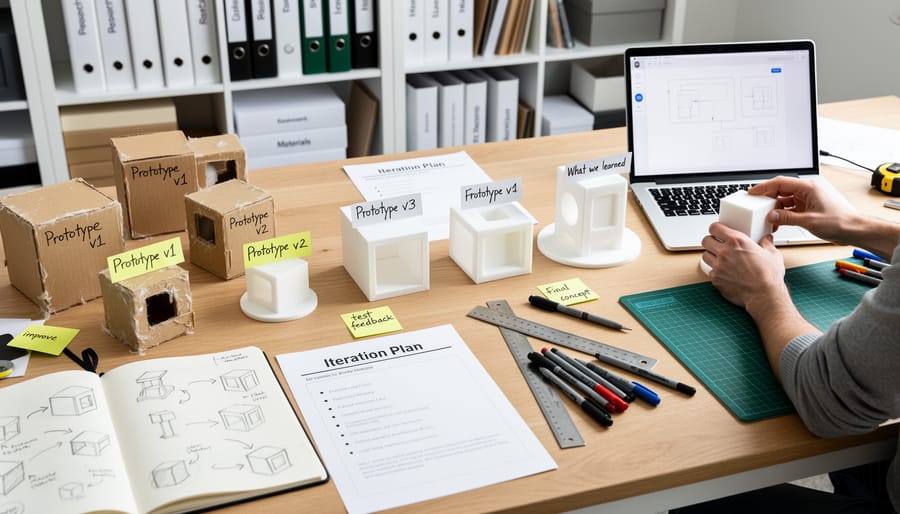 Workshop table with prototype materials and mock components arranged for iterative design practice