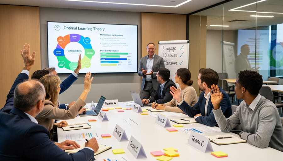 People in a corporate training room collaborating with a facilitator during a learning session.