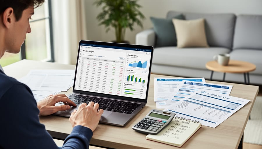 Calculator and laptop on a desk near mortgage-related paperwork with no readable text.