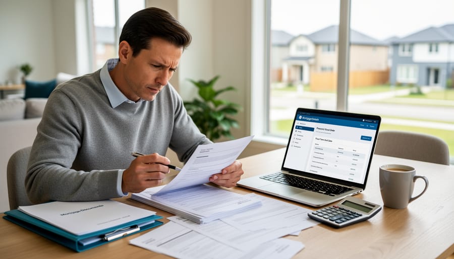Homeowner holding mortgage documents and a pen while reviewing paperwork in a kitchen.