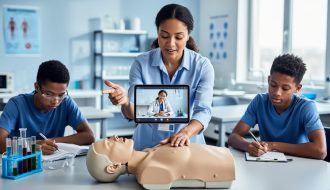 Educator guiding learners across CPR, science activities, and remote telehealth training in a modern classroom setting.
