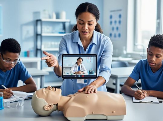 Educator guiding learners across CPR, science activities, and remote telehealth training in a modern classroom setting.