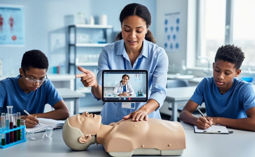 Educator guiding learners across CPR, science activities, and remote telehealth training in a modern classroom setting.