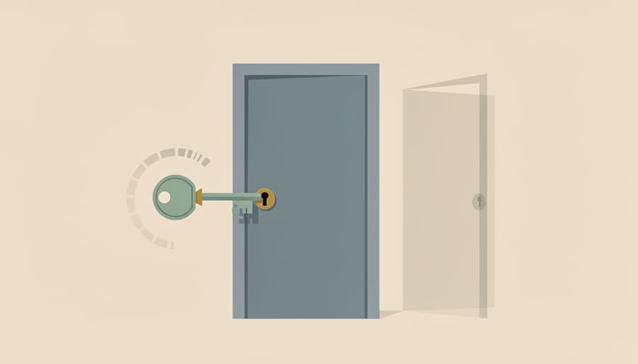 Close-up of a key held near a front door lock in warm golden light.