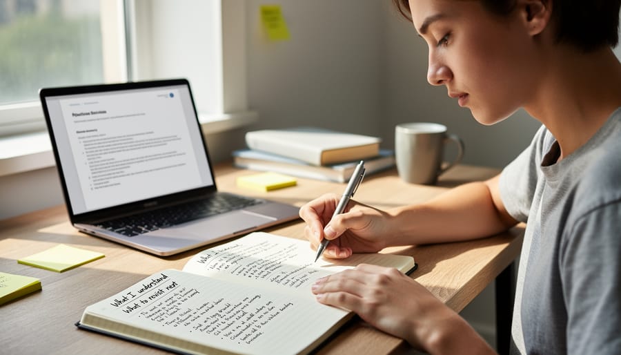 Learner writing reflective notes in a notebook under warm desk lamp lighting.