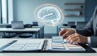Hands arranging cue cards into a corporate training binder with a subtle brain-shaped light effect above it in a modern learning workspace.