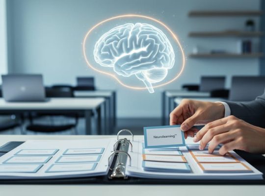 Hands arranging cue cards into a corporate training binder with a subtle brain-shaped light effect above it in a modern learning workspace.