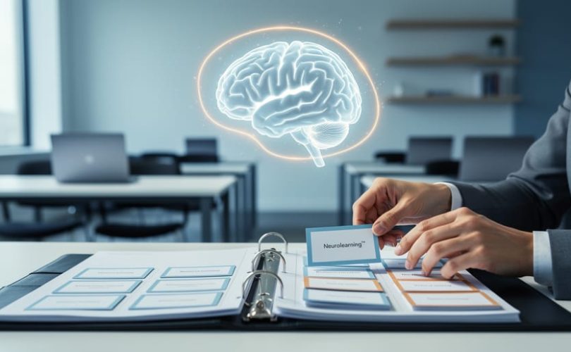 Hands arranging cue cards into a corporate training binder with a subtle brain-shaped light effect above it in a modern learning workspace.