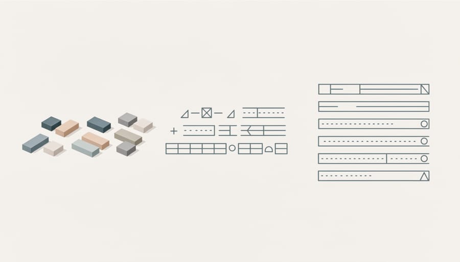 Tabletop scene with arranged place value tiles and scattered base-ten blocks beside an open notebook.