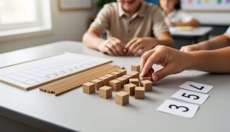 Hands arranging base-ten blocks into groups of ten beside a blank place value chart in a classroom learning setting.