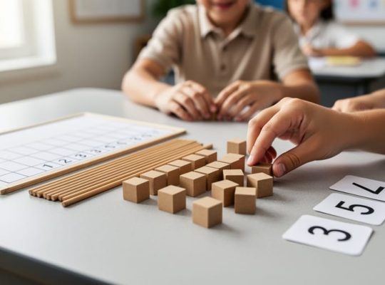 Hands arranging base-ten blocks into groups of ten beside a blank place value chart in a classroom learning setting.