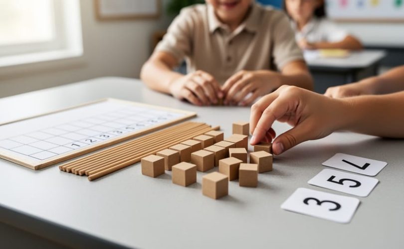 Hands arranging base-ten blocks into groups of ten beside a blank place value chart in a classroom learning setting.