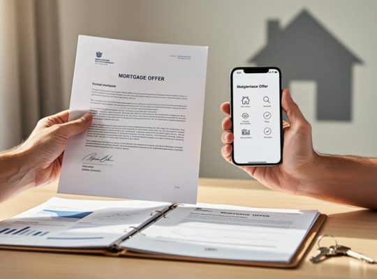 Hands reviewing mortgage paperwork with a folder of documents and a key on a desk, representing planning to remortgage before a fixed-term ends.