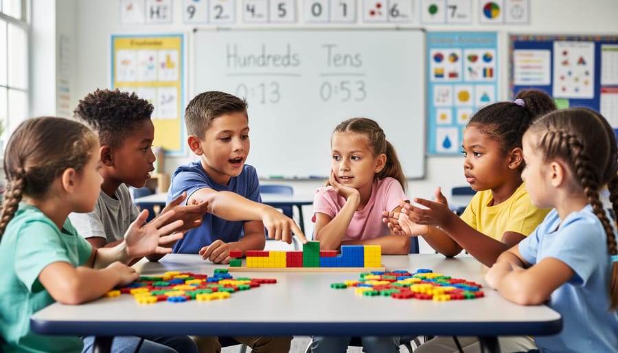 Students and a teacher collaborating around base-ten blocks while discussing at a classroom table.