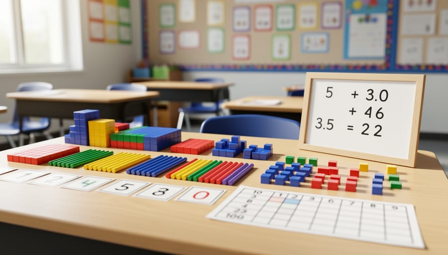 Teacher’s hands arranging base-ten blocks and number cards on a classroom desk beside a place value chart.